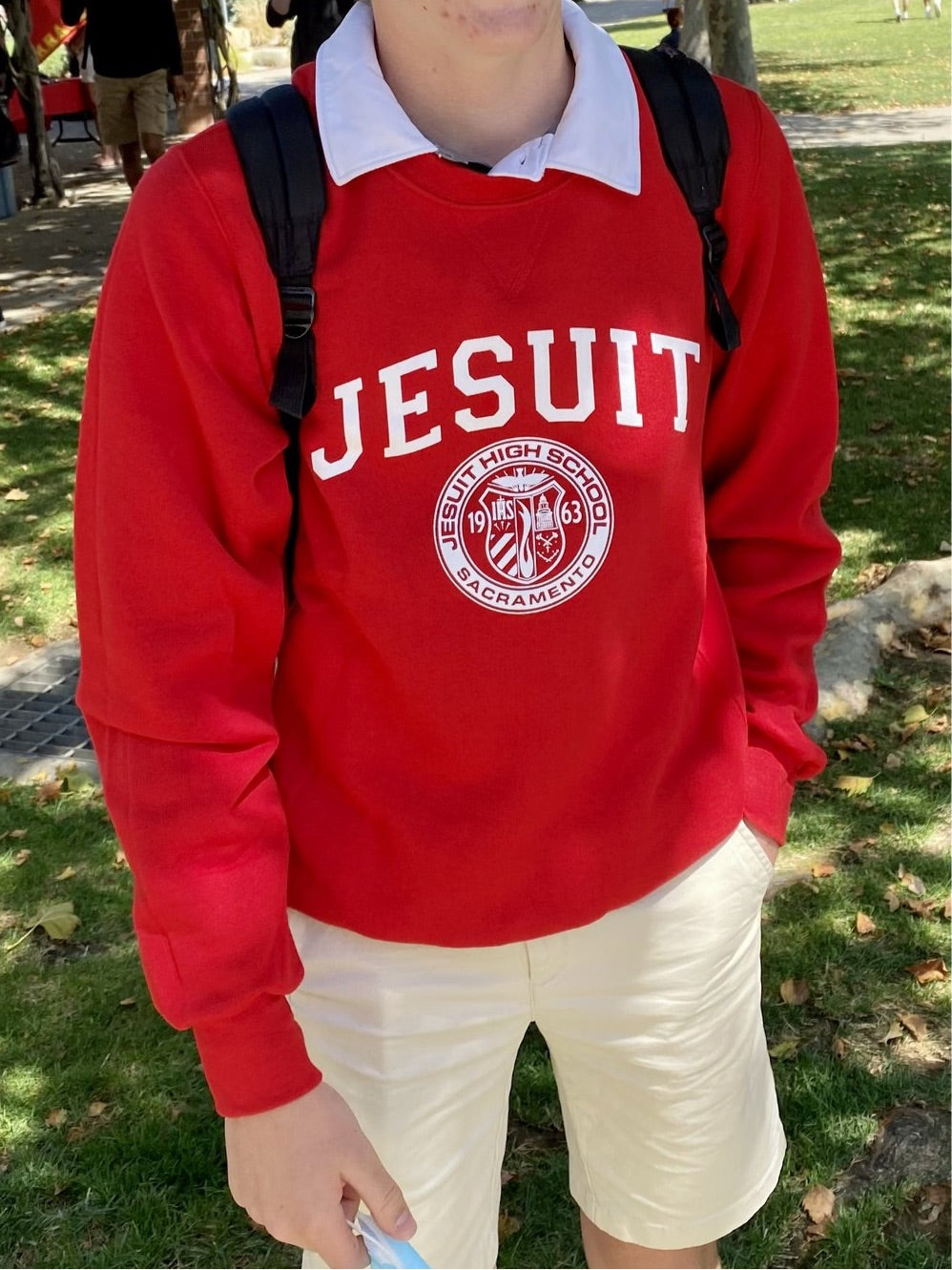 Classic Red Crewneck Sweatshirt with Jesuit School Seal