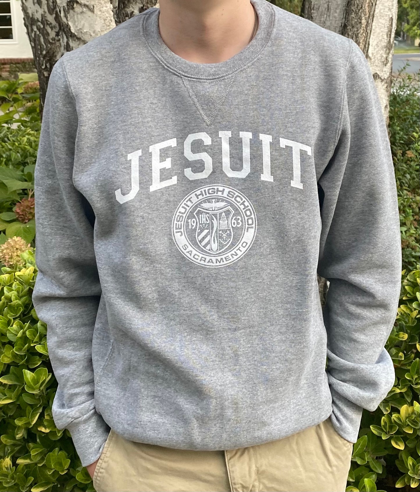 Classic Athletic Grey Crewneck Sweatshirt with Jesuit School Seal